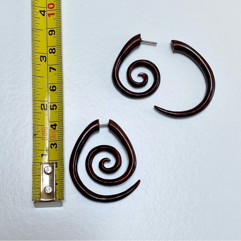 Teak Wood Spiral Faux Gauges / Stud Earrings